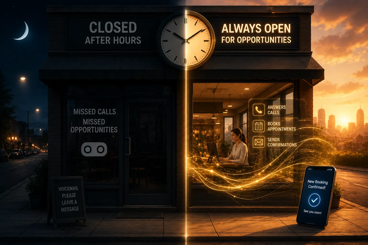 Small business after hours: evening city street with closed shopfronts and a phone still ringing