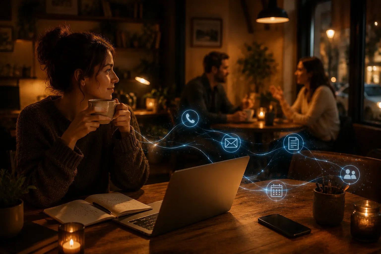 Small business owner using AI tools for repetitive work while keeping human judgment for client conversations
